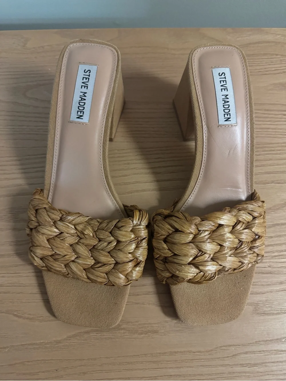 Steve Madden Mylee Braided Raffia Block Heel Sandals Neutral Tan Size 9.5
